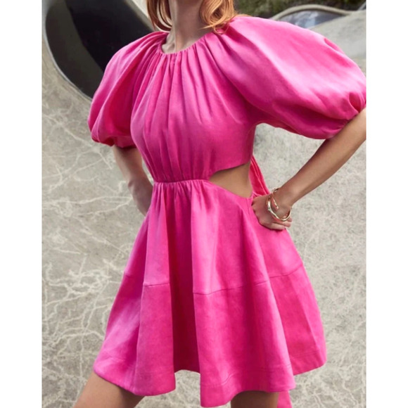NWT Aje Admiration Hot Pink Balloon Sleeve Corset LaceUp Bow Mini Dress‎ US4|AU8 - Picture 1 of 13